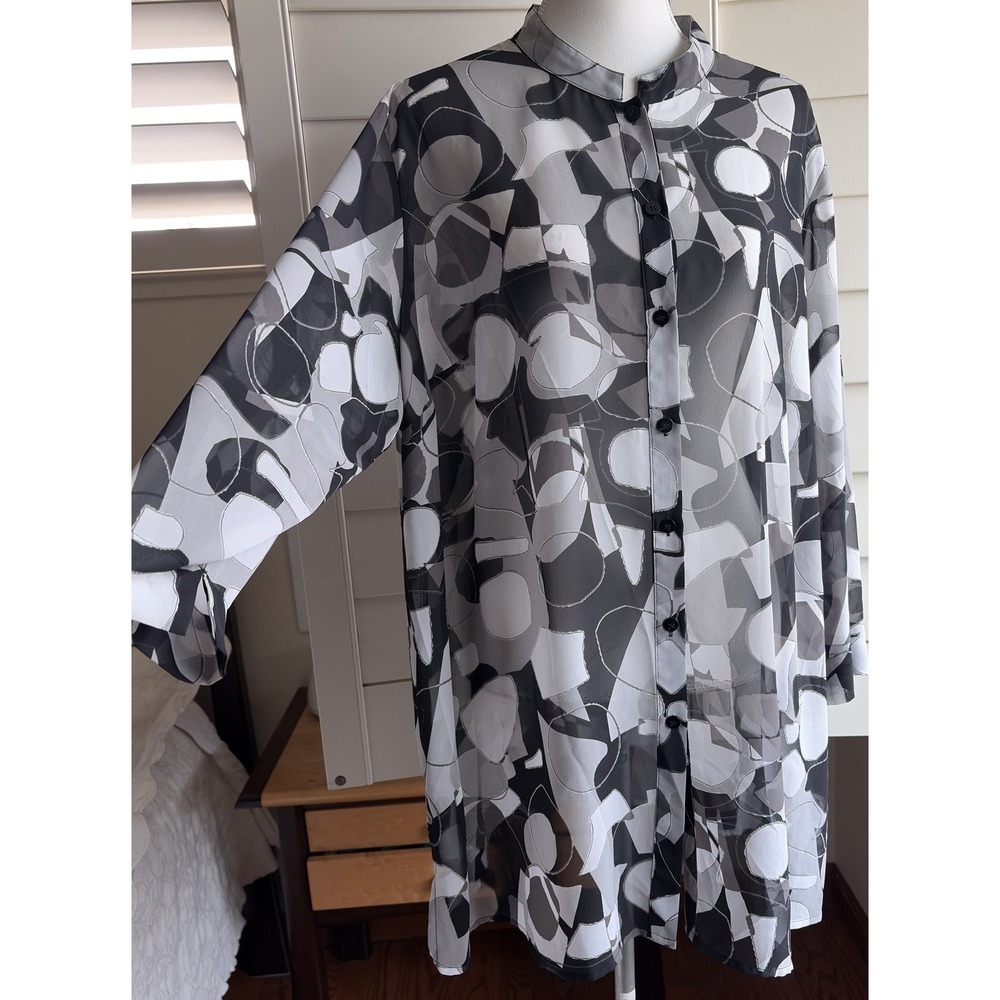 Liz Baker 2X Sheer Blouse Mandarin Collar Abstract Print Tunic Lagenlook Artsy